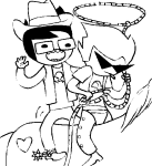  2012 cowboy_hat dirk_strider fullres grayscale hat head_out_of_frame jaggy_lines jake_english lineart maplehoof monochrome pastiche sitting western yorsh 