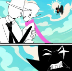  2026 anonymous_artist bec_noir blood clouds comic crossover dad fullres harlequin_uniform hug image_manipulation impalement invincible jack_noir midair mom parody profile redrom rose's_pink_scarf rum_cake scars shipping silhouette sovereign_slayer spade sprite_mode starter_outfit sun sword weapon 