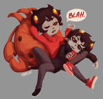  2017 bromance dancestors fullres hatemarriage head_on_lap kankri_vantas karkat_vantas kid_symbol marcia phone plushie starter_outfit text vantases wonk word_balloon 