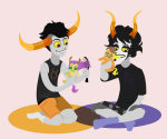 2011 equius_zahhak foolsinvasion fullres gamzee_makara kneeling my_little_pony ponies sitting styling_hair tavros_nitram