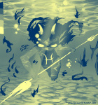  2014 animals dancestors fish fullres gold_pointy_jam jellyflavoured limited_palette meenah_peixes monochrome solo swimsuit underwater 