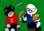  2020 food fork fullres homestuck:_beyond_canon karkat_vantas meat_timeline mebi roxy's_heart_shades roxy_lalonde sitting sleepy_time_tee text voidy_sweatshirt word_balloon 