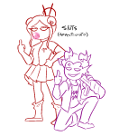  2023 ahab's_crosshairs biker_outfit cronus_ampora damara_megido dancestors dream_ghost food fullres highlight_color imported_smokes jaggy_lines limited_palette lineart meraki-sunset redrom shipping starter_outfit text the_finger 