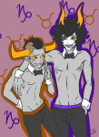 2014 arm_around_shoulder blush chippendales cosplay fashion fullres gamzee_makara jaggy_lines lunaticjin no_shirt pbj shipping tavros_nitram wonk zodiac_symbol