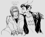  2025 arm_around_shoulder biker_outfit blush couch cronus_ampora crossover dancestors dream_ghost emoji facial_hair fullres gills grayscale monochrome mouthwashing sitting starter_outfit sweat text zzoupz 