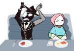 2015 agpicklefeet artificial_limb crossover eyepatch food fullres jack_noir knife meme ms_paint paint_it_black scars shipping sitting spades_slick steven_universe