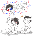 2014 ageswap emoticon fullres grayscale highlight_color jaggy_lines karkat_vantas lunaticjin midair profile psionics sitting sollux_captor starter_outfit sweat tavros_nitram text the_finger