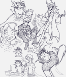 2021 ? alternate_hair ancestors aradia_megido art_dump dave_strider dirk_strider eridan_ampora formal fullres grayscale her_imperious_condescension jade_harley john_egbert monochrome pir8_coat roxy_lalonde sitting sketch starter_outfit terezi_pyrope text vriska_serket zzoupz