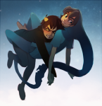  2015 blush breath_aspect communism fullres godtier heir holding_hands hug john_egbert karkat_vantas midair no_glasses redrom shipping starter_outfit timsel-kun 