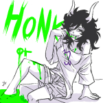  2014 casual fashion fullres gamzee_makara grayscale highlight_color honk jaggy_lines lunaticjin rule63 sitting solo sopor_slime text wonk 