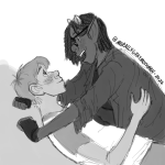  2026 alternate_hair blush coolcat dave_strider freckles fullres glasses_added grayscale lying monochrome morallygraymothman nepeta_leijon no_glasses no_hat profile red_baseball_tee redrom shipping starter_outfit 
