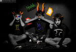  2012 amiaka cosplay fullres gamzee_makara honk karkat_vantas pugoffka-sama real_life rubber_horn saibou_kun sitting sollux_captor starter_outfit sylladex text the_finger utsumitanaka 