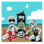  2025 beta_kids casual clouds dave_strider dogtier fashion fullres jade_harley jaggy_lines john_egbert ocean rose_lalonde sitting summer swimsuit text vhorgeus 