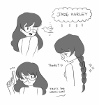  2016 alternate_hair animals back_angle blush casual emoticon fullres grayscale gun hummingbirds jade_harley madammonkey monochrome solo text weapon wonk word_balloon 