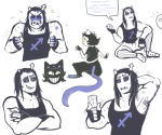  2019 arms_crossed art_dump back_angle beverage cat_hat equius_zahhak fullres highlight_color nepeta_leijon no_coat no_hat noodlenumber sitting starter_outfit sweat word_balloon 