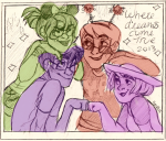  2013 alternate_hair beta_kids body_modification casual crossover dave_strider disney fashion fistbump fullres gaulllimaufry hat jade_harley john_egbert lineart monochrome rose_lalonde text 