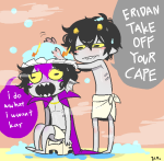  2012 bathing blush eridan_ampora fullres grubscars jaggy_lines jin-nyeh karkat_vantas no_shirt sitting text towel word_balloon 