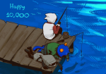 10k_member_celebration_event 2025 animals back_angle cat_hat clouds dave_strider eggwishing fish fullres kneeling nepeta_leijon ocean on_stomach red_baseball_tee sitting starter_outfit swimsuit text wayward_vagabond wv