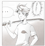  animestuck dirk_strider grayscale language:japanese lawey no_glasses solo starter_outfit unbreakable_katana word_balloon 