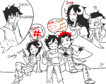  ! 2014 ? ageswap aradia_megido damara_megido dancestors food fullres grayscale highlight_color jaggy_lines kankri_vantas karkat_vantas lunaticjin megidos nitrams rufioh_nitram starter_outfit sweat tavros_nitram text vantases wonk word_balloon 