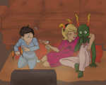 alcohol arm_around_shoulder calliope cocktail_glass couch jane_crocker masterfranny pajamas redrom roxy_lalonde shipping snake_wine 