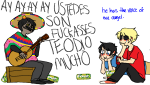 2011 beverage blue_slime_ghost_shirt casual corgihustler crying dave_strider facial_hair fashion fullres hat image_manipulation instrument jaggy_lines john_egbert karkat_vantas language:spanish lying mexican_clothes on_stomach red_record_tee sitting text 
