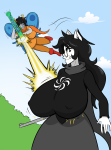 2016 clouds dogtier freckles fullres godtier hunting_rifle jade_harley light_aspect midair nsfw_source planetofjunk profile space_aspect strife text thief vriska_serket weapon witch wonk