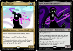 2019 black_squiddle_dress card crossover grimdark high_angle horrorterrors land_of_light_and_rain magic_the_gathering rose_lalonde silhouette solo text thorns_of_oglogoth weapon zanderkerbal
