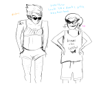 2026 body_hair crossdressing dirk_strider fashion fullres grayscale monochrome roxy_lalonde sketch strawberryblondie-locks swimsuit text
