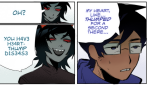  2026 blackoutbruh blackrom bluesclues breath_aspect chainsaw_man comic crossover fullres godtier headshot heir john_egbert no_glasses parody shipping starter_outfit sweat terezi_pyrope text word_balloon 