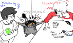  2018 animalstuck au beverage fullres john_egbert karkat_vantas kid_symbol meme parody petstuck red_baseball_tee salihombox starter_outfit strife sweat text 