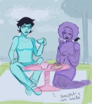  2025 animals beverage blush body_modification casual clouds crows food fullres jane_crocker kneeling leoverdoze light_and_fluffy rainbow redrom rose_lalonde shipping sitting sweat text trees 