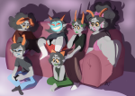  2020 alternate_hair aradia_megido barefoot bubblybluejellyfish couch feferi_peixes freckles fullres gaming girls jaggy_lines kanaya_maryam nepeta_leijon no_glasses no_hat pajamas sitting terezi_pyrope vriska_serket 