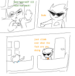 2025 broken_source comic couch dirk_strider fullres grayscale jaggy_lines jake_english monochrome sketch sprite_mode starter_outfit tacitaccompanis text