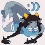  2022 ? alternate_hair barefoot bloodswap casual dancestors emoticon fashion fullres kikueatgoo lying meulin_leijon on_stomach pawfeet sitting solo troll_tail 