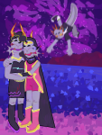  2023 alternate_hair arm_around_shoulder arm_in_arm back_angle clouds cridea_jeevik fiamet fiamet-xochim fullres gills hiveswap hug jaggy_lines midair night redrom royal_influencers shipping stars starter_outfit trizza_tethis 