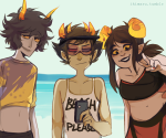  2015 alternate_hair aradia_megido fullres gamzee_makara grubscars hat ikimaru ocean phone sollux_captor summer swimsuit text 