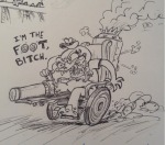 2013 artificial_limb caliborn fullres grayscale hat insane_clown_posse lineart monochrome saffronscarf sitting solo starter_outfit text wheelchair