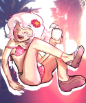  2025 beverage blush flowers fullres no_shirt roxy_lalonde sitting solo strifeup trees undergarments 