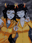  2026 2844532 aranea_serket arm_around_shoulder aspect_symbol dancestors fashion fullres light_aspect serkets the_finger vriska_serket winter 