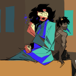  2024 candy_timeline eyepatch facial_hair food fullres haven homestuck:_beyond_canon jaggy_lines john_egbert june_egbert karkat_vantas no_shirt sitting smoking suit transtuck 