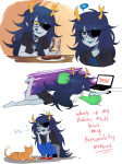  2013 animals art_dump barefoot casual cats computer eyepatch food fork fullres heart jin-nyeh knife lying no_coat on_stomach sitting solo starter_outfit text vriska_serket word_balloon 