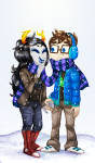  con_heir holding_hands john&#039;s_winter_jacket john_egbert littlebirdkisses redrom scarf_sharing shipping vriska_serket winter 