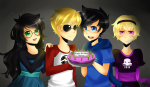 2012 animestuck banirabbit beta_kids black_squiddle_dress breath_aspect cake dave_strider dress_of_eclectica fullres godtier happy_birthday_message heir jade_harley john_egbert red_baseball_tee rose_lalonde text 