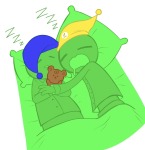 2026 animals arms_crossed bed doze felt fullres honeystuckandcake itchy pajamas plushie profile reverse_hug sleeping text