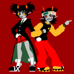  2026 adorabloodthirsty alternate_hair arm_in_arm cosplay fashion fullres ham0naa jaggy_lines karkat_vantas no_glasses redrom rule63 shipping soul_eater terezi_pyrope text 