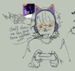  2025 agiledreamer aspect_symbol fanontinuum fullres gaming glasses_added headphones heart_aspect homestuck:_beyond_canon image_manipulation lineart nepeta_leijon sketch solo text 