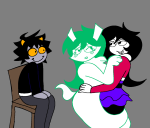  2025 blush crying dress_of_eclectica fullres hug jade_harley jadesprite jaggy_lines karkat_vantas radioactive_love redrom selfcest shipping sitting skyzahhak smiling_karkat sprite 