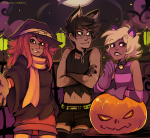  2015 alternate_hair animal_ears arms_crossed fashion freckles fullres halloweenstuck hat ikimaru jade_harley jake_english moon night pumpkin roxy_lalonde scars 
