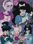 ! 2025 alice_in_wonderland animal_ears beverage card crossover fashion flowers flutterfan2007 food formal fullres hat jade_harley jake_english jasprosesprite^2 roxy_lalonde scars sitting sprite starter_outfit text word_balloon